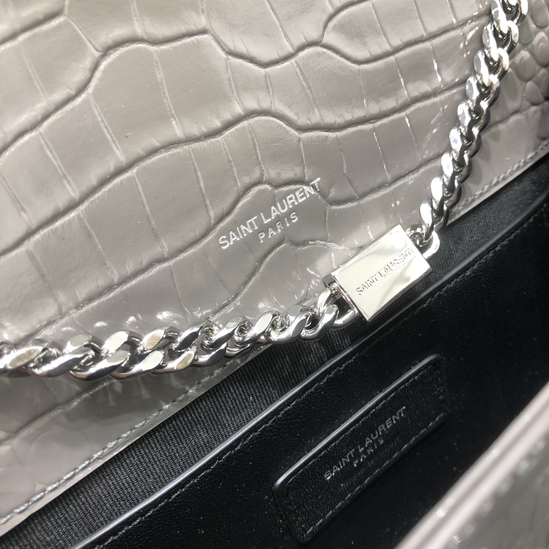 Saint Laurent Kate Tassel Small Crocodile Embossed Calfskin Shoulder Bag Handbag Grey 474366 Silver